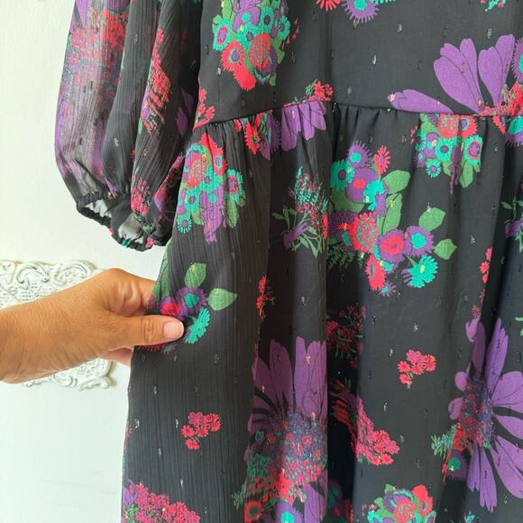 ModCloth Meow Bouquet Floral Cat Print Black Babydoll Square Neck Dress L - Picture 5 of 11